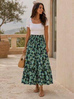 Falda midi estampada con cintura nido de abeja