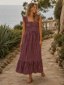 Vestido largo nido de abeja con volante