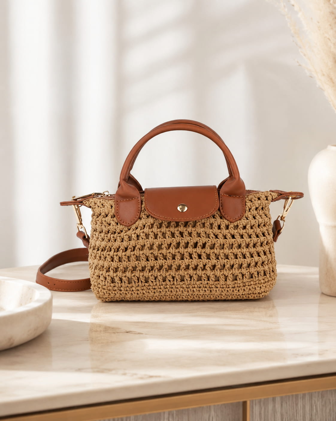 Bolso crochet con asa camel
